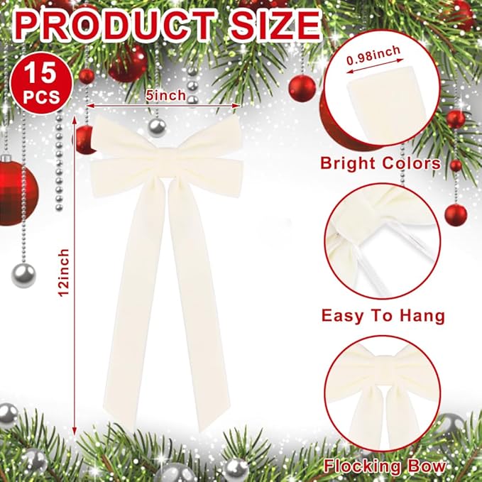 JOICEE 15Pcs Velvet Bows for Christmas Tree, Christmas Wreath Bows Rustic Crafts Gift Bows Velvet Ribbon Bows for Xmas Home Garland Decorations Holiday Wedding Outdoor Indoor Decor(Beige)