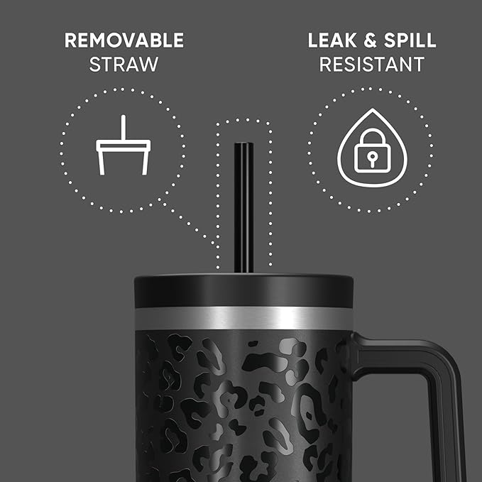Hydrapeak Voyager 40 Oz Stainless Steel Tumbler with Handle, Insulated Water Bottle With Straw & Lid, Cupholder Friendly Reusable Travel Mug (Black Leopard)