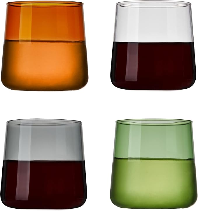 Viski Aurora Tumblers Colored Wine Glasses - Tinted Fun Cocktail Glasses in Clear, Grey, Green, and Amber - Dishwasher Safe 10.5 Oz Set of 4