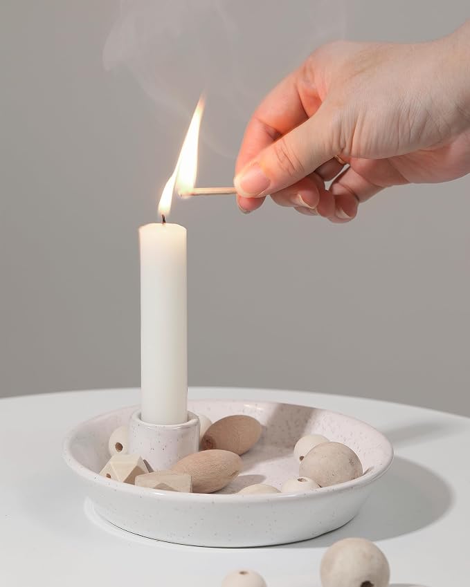 DN DECONATION White Ceramic Candle Holders, Modern Candlestick Holder with Tray, Boho Candle Holder, Unique Round Stoneware Candle Holder for Taper Candles, Halloween Christmas Fall Decor