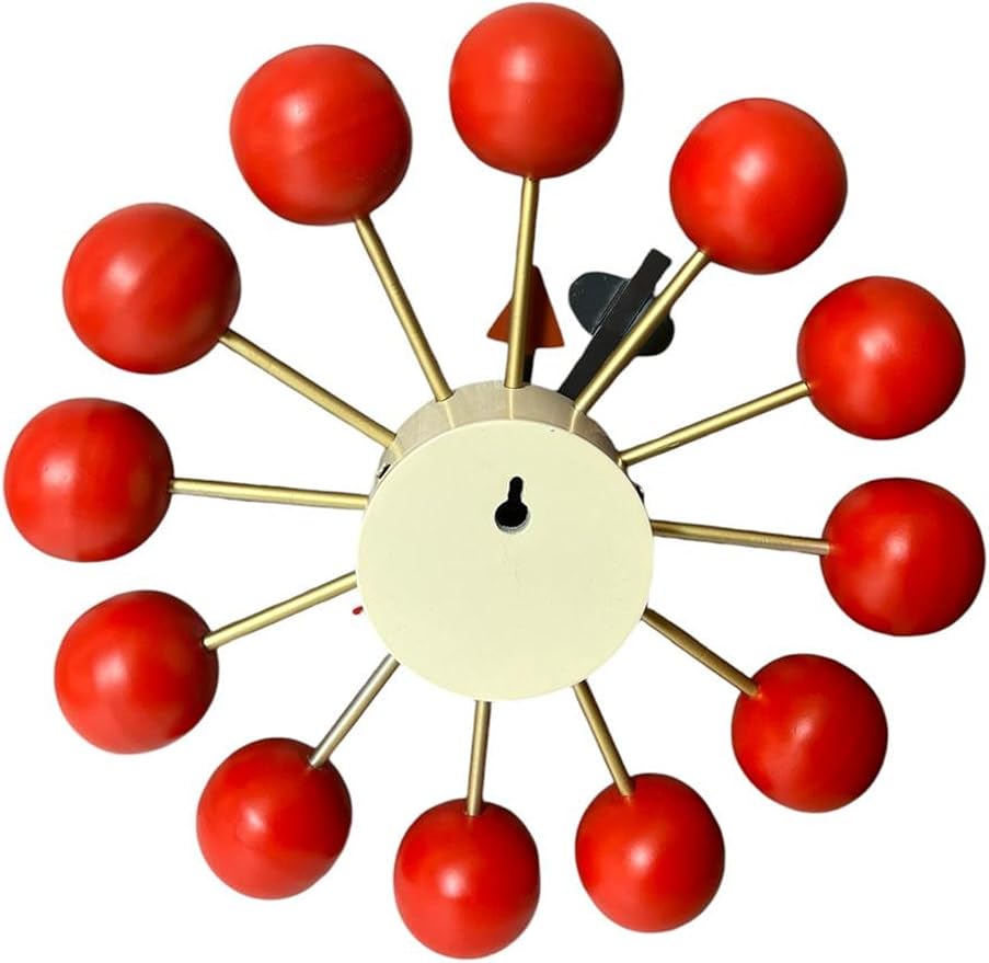 Mid Century Modern Ball Clock – George Nelson Style Wooden Wall Clock, Retro Starburst Design, Silent Non-Ticking Decorative Wall Decor for Living Room, Office, Kitchen & Home (Red, 18 Inch)