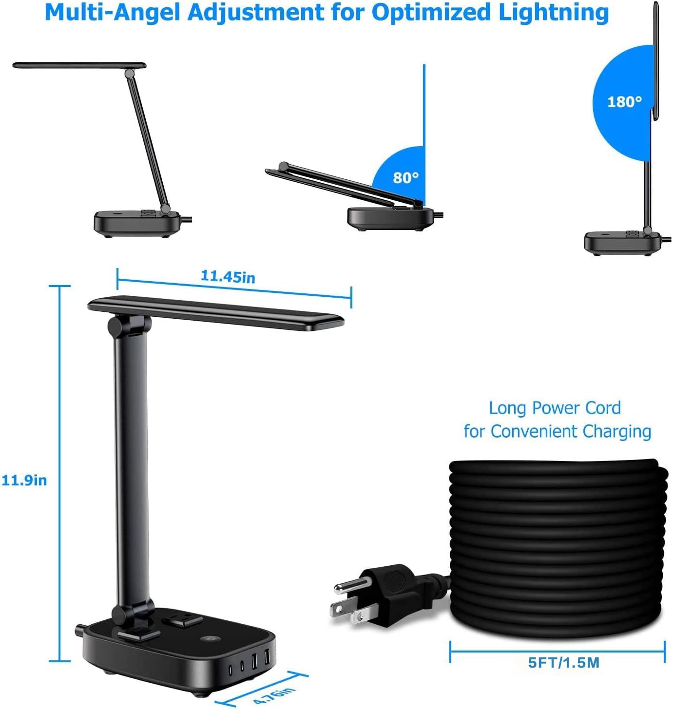 Yostyle LED Desk Lamp - 4 USB Charging Ports & 2 AC Outlets | 3-Level Brightness, Touch Control