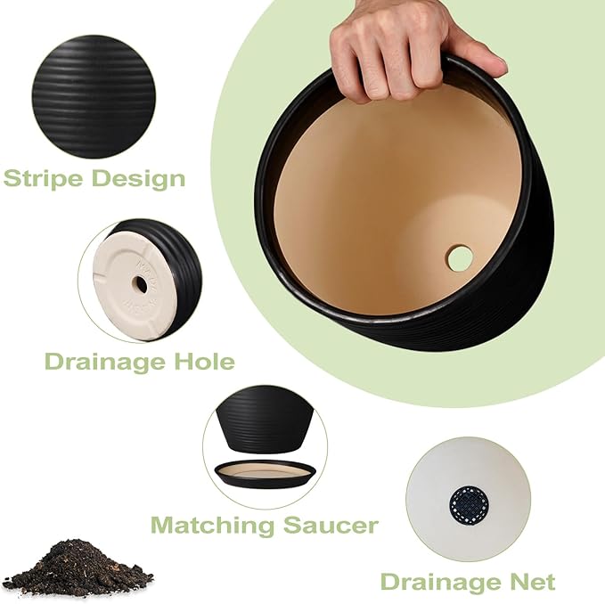 Ceramic Plant Pot - 8 Inch Ceramic Planter for Indoor Plants Glazed Round Flower Pot with Drainage Hole and Saucer Black