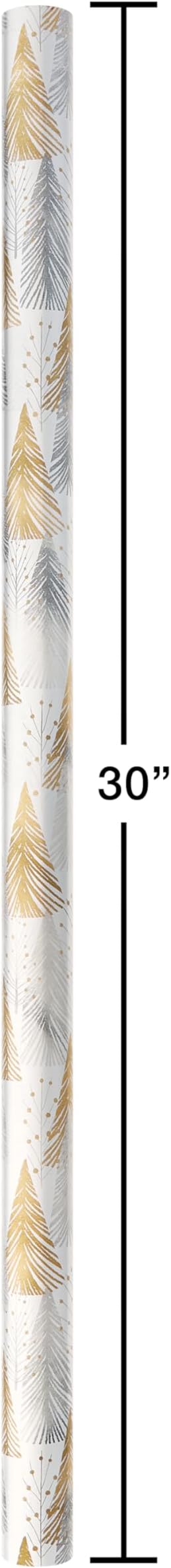 American Greetings Foil Christmas Wrapping Paper Roll, Metallic Vintage Gold and White Holiday Gift Wrap (30 sq. ft., 1 Reversible Roll-30 in. x 12 ft.) Plaid and Trees