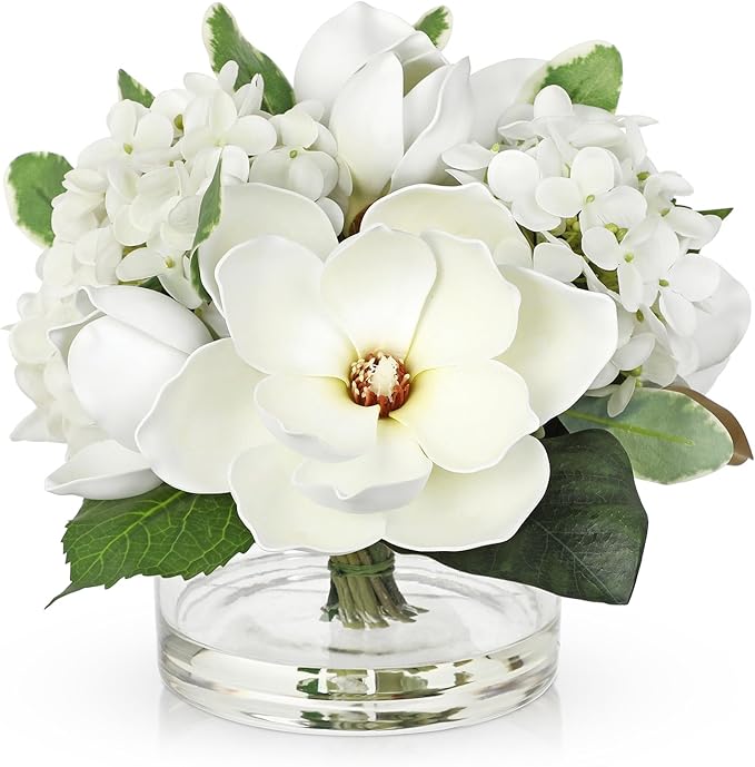 Briful Artificial Magnolia and Hydrangea Flower Arrangement in Glass Vase 9.4" Realistic White Silk Fake Flower with Faux Water Fake Floral Centerpieces for Home Room Office Table Shelf Décor