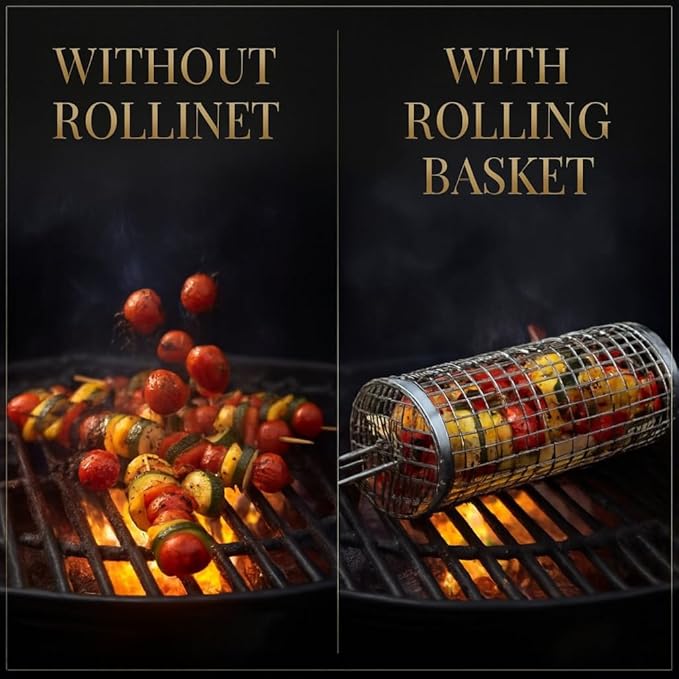 Grill Well 2.0 - Rolling Grill Basket (2 PCs) ideal as Birthday Gift for Dad who has Everything, BBQ Vegetables Grill Baskets, Outdoor Cooking Gadgets, Mens Gifts Ideas, BBQ Smoker Accessories & More