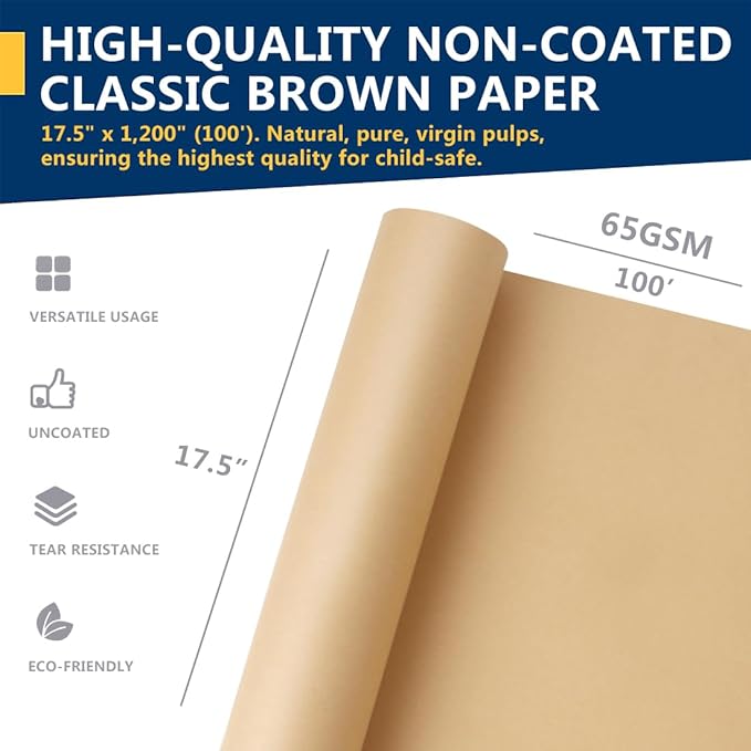 PerkHomy Brown Kraft Paper Roll 17.5" x 1,200" (100') for Gift Wrapping Bulletin Board Craft Art Bouquet Flower Packing Moving Shipping Floor Covering Table 70GSM 50LB (Brown, 17.5" x 100')