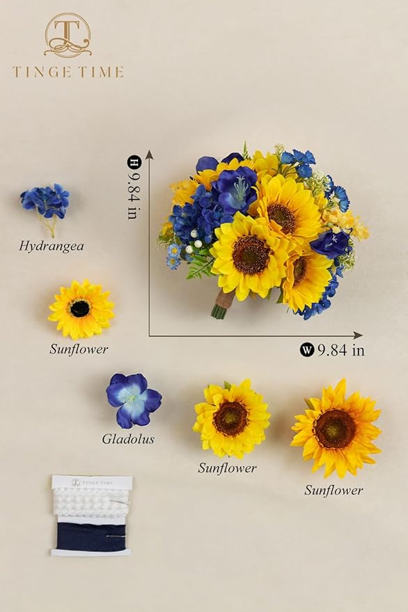 TINGE TIME 9 inch Bridal Bouquets for Bride, Artificial Silk Flowers Tossing Bouquet, Bride Bouquets for Wedding, Ceremony, Anniversary (Sunflower&RoyalBlue)