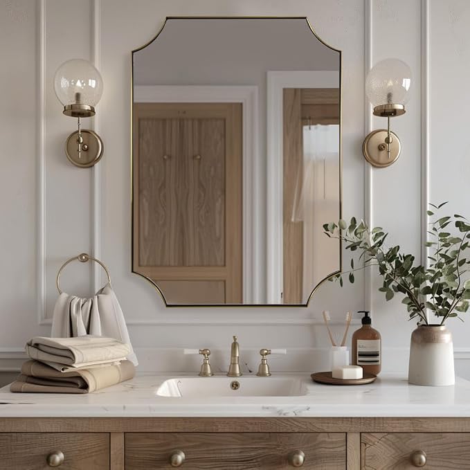 ANDY STAR Brushed Gold Bathroom Mirror, 22x30 Inch Scalloped Rectangle Mirror, Gold Bathroom Vanity Mirror, Antique Brass Mirror in Anti-Rust Stainless Steel Metal Frame for Bathroom, Entryway