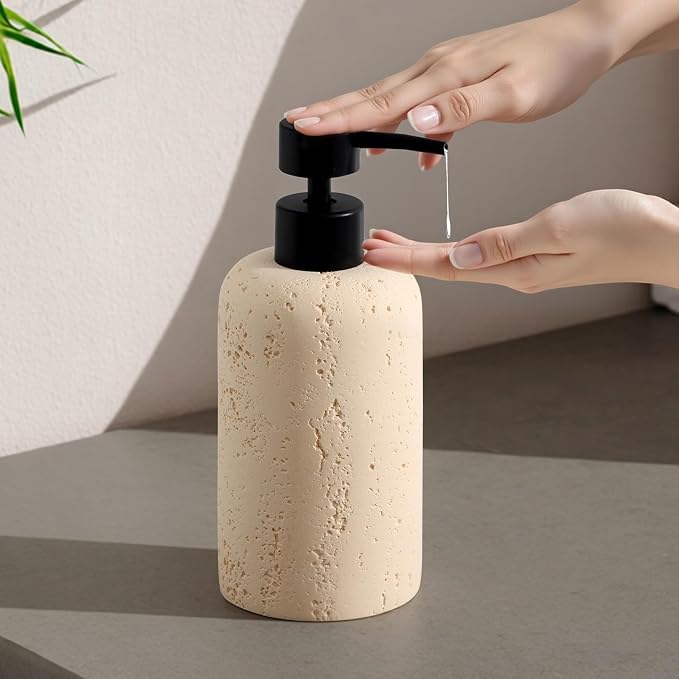 Soap Dispensers 340ML 11OZ, 2PCS Luxurious Hand Dish Shampoo Lotion Soap Dispenser Jar, Travertine Soap Pump Bottles for Kitchen Bathroom Countertop (Faint Yellow)