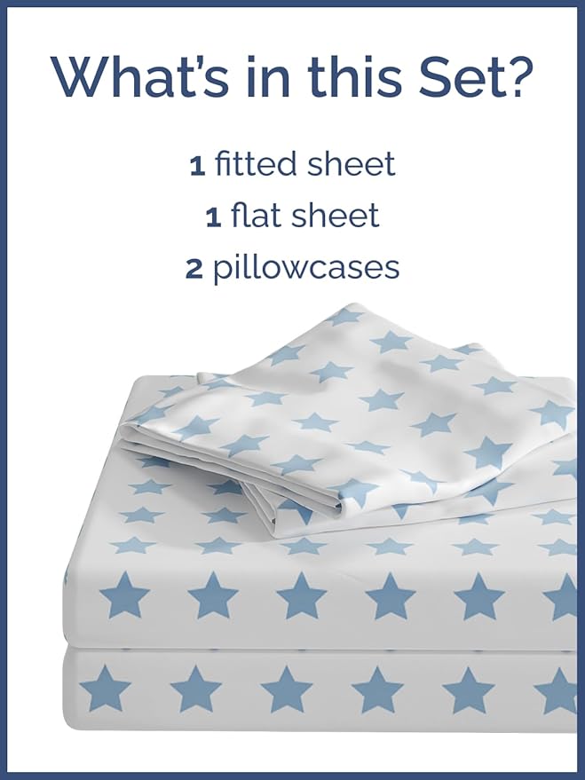 Blue Stars Full 4 Piece Sheet Set for Kids - Boys, Girls, Teens, Toddler - Easy Fit Deep Pocket - Machine Washable, Wrinkle Free - Cute, Cozy, Soft Star Sheets