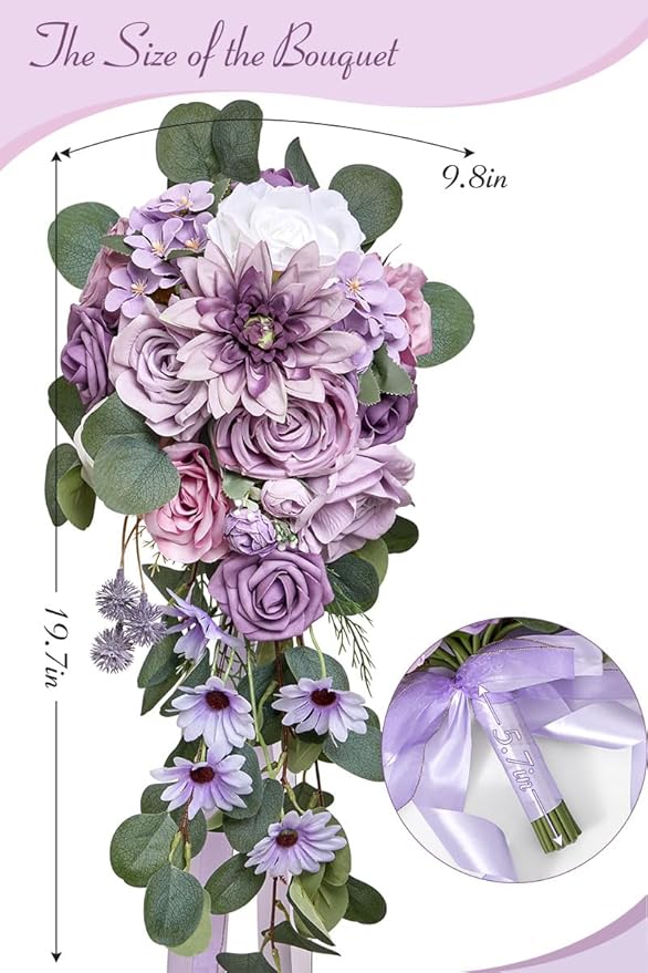 Serwalin 9.8 Inch Wedding Bouquets for Bride Bridesmaid, Purple Dahlia Bridal Bouquets for Bride, Wedding Flowers Bouquet Tossing Bouquet, Wedding Ceremony and Anniversary Decoration