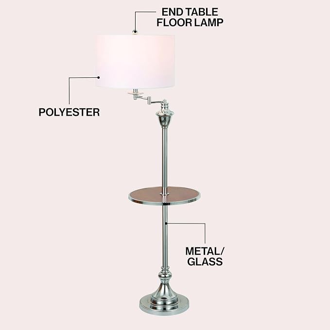 JONATHAN Y 60" Chrome Swing Arm Wood Integrated Side Tray Candlestick Tray Table Floor Lamp Traditional for Living Room Bedroom with White Linen Drum Shade LED Bulb Included JYL3055E