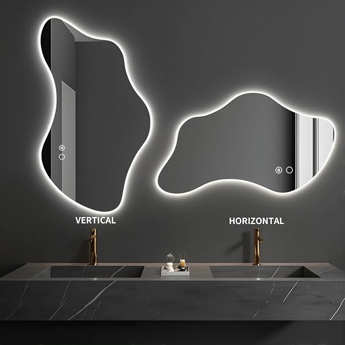 51.2″ Asymmetrical Bathroom Mirror with Lights, LED Irregular Wall Mirror, Abstract Modern Lighted Vanity Mirror for Wall, Anti-Fog, Dimmable, Horizontal/Vertical