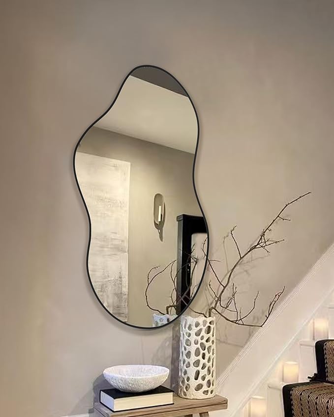 Irregular Wall Mirror 20×36 Inch Wall Mirrors Decorative Black Modern Asymmetrical Abstract Mirror for Bathroom Bedroom Living Room Entryway Hallway