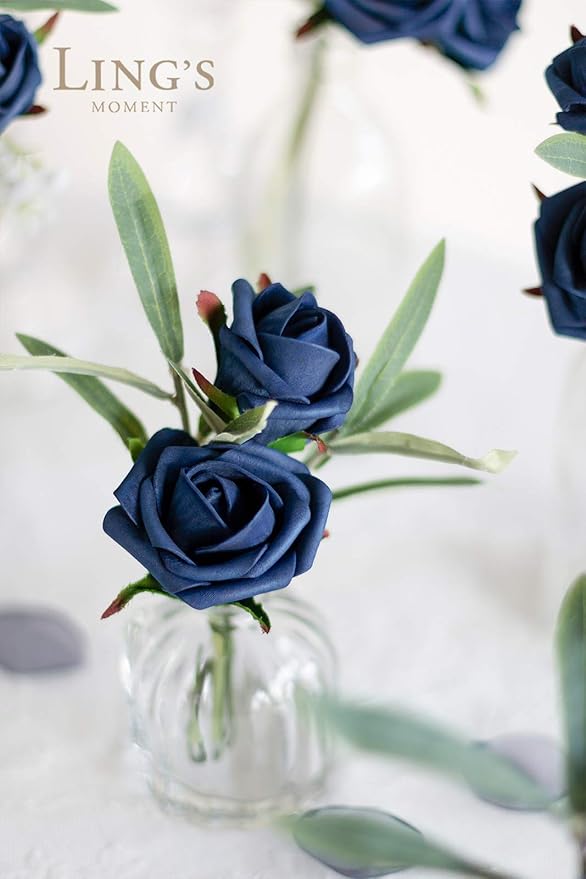 Ling's moment Artificial Rose Buds and Petite Roses w/Stem Pack of 24 for DIY Wedding Bouquets Centerpieces Decorations Boutonniere Corsages (Navy Blue)