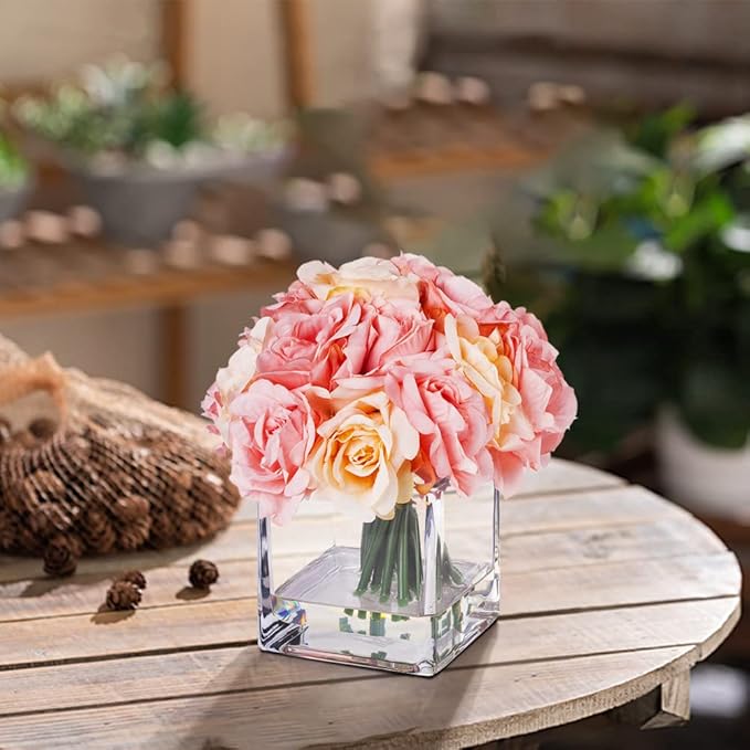 ENOVA FLORAL 18 Pieces Pink Rose Artificial Flowers in Vase, Floral Arrangements Artificial with Vase for Dining Table Decoration, Home Decor Indoor(Pink)