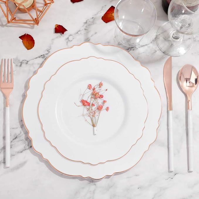 WDF 90Pieces Rose Gold Plastic Silverware - Rose Gold Plastic Cutlery with White Handle- Heavy Duty Disposable Silverware Include 30Forks, 30 Spoons, 30 Knives for Wedding, Party
