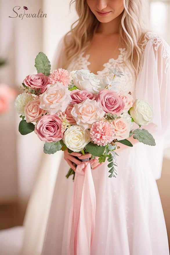 Serwalin 2 Pcs Artificial Flowers Fake Flowers for DIY Wedding Bouquets Cake Flowers Decoration Mixed Roses Combo Blush Pink and White Flower Centerpieces Arrangements for Home Party Decor