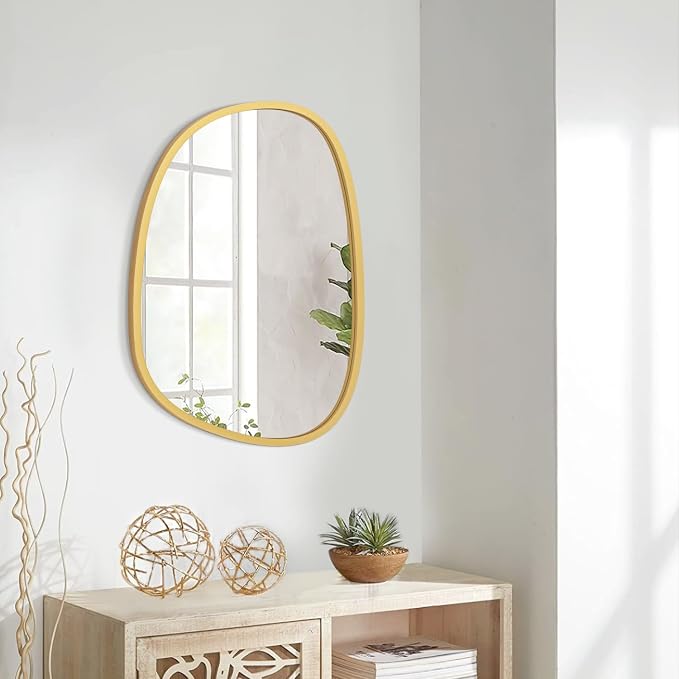Gold Irregular Hanging Wall Mirror Wooden Framed Modern Asymmetrical Mirrors for Wall Artistic Decorative Mirror Wall Decor Mirror for Bedroom Bathroom Living Room Large 20"x16"