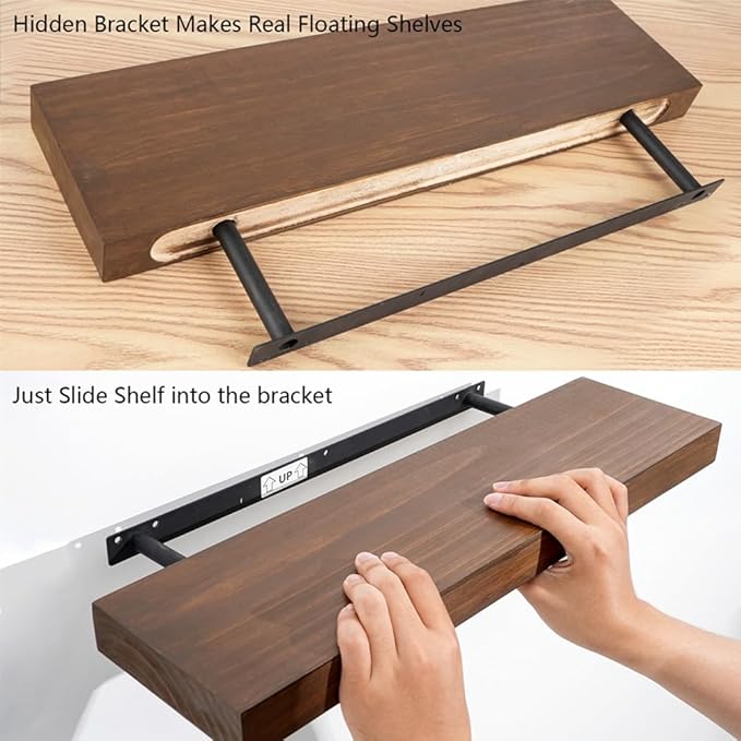 Wood Floating Shelves for Wall Set of 3, 22 Inch Rustic Floating Shelf Wall Mount, Solid Wooden Bathroom Floating Shelves for Kitchen, Bedroom, Living Room - Dark Walnut