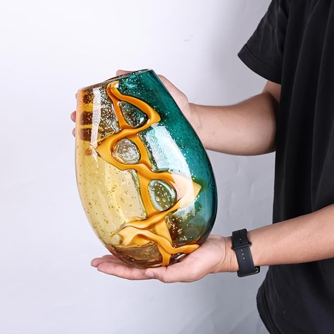 Pretty Hand Blown Glass Vase, Colored Glass Flower Vases Home Decor, Amber and Teal Decorative Murano vase for Living Room Office Bedroom Coastal Table Centerpieces Gift