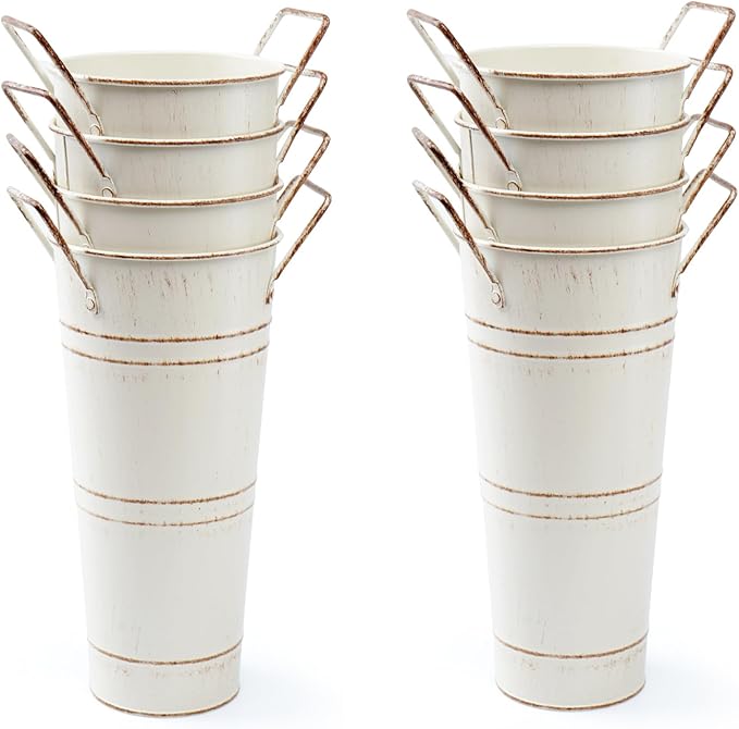 Notakia Galvanized Metal Vases Farmhouse French Flower Bucket Vases for Cut Flowers for Home Decor and Wedding Table Centerpiece Decorations (Beige Set of 8)