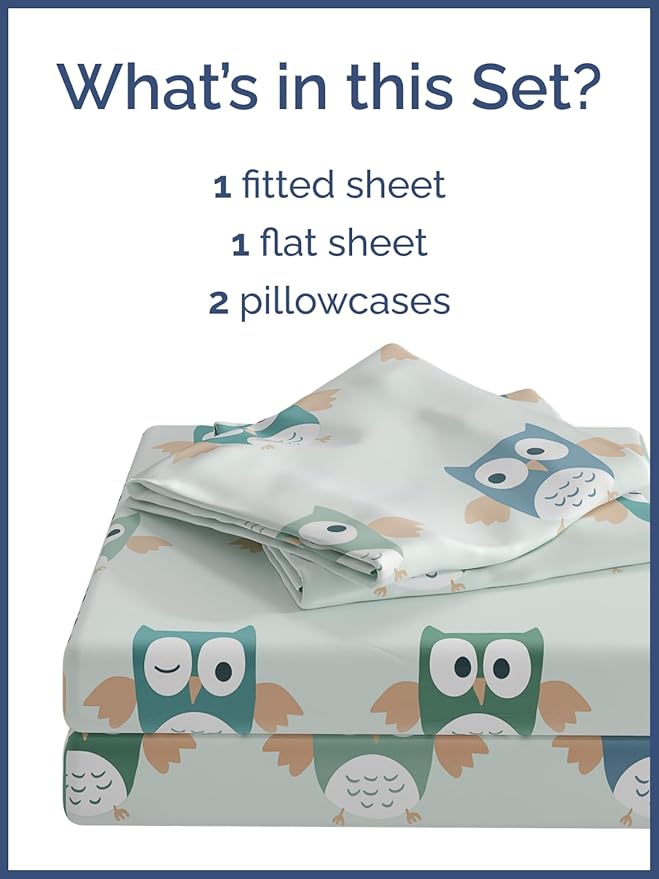 Kids Owls Queen 4 Piece Sheet Set - Boys, Girls, Teens, Toddler - Easy Fit, Deep Pockets - Breathable, Hotel Quality Bedding Sheets - Machine Washable - Wrinkle Free - Cute, Cozy & Soft - CGK Linens