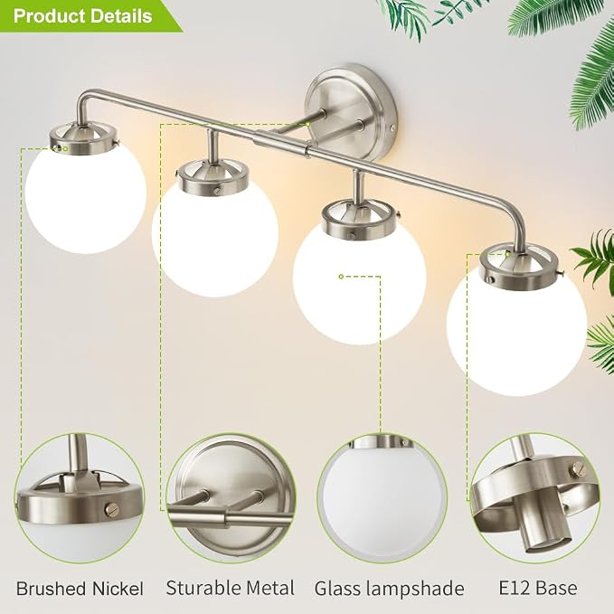 Bathroom Light Fixtures Over Mirror, Brushed Nickel Modern Vanity Lighting with Milk White Glass Globe Shades 4-Light Farmhouse Wall Sconce