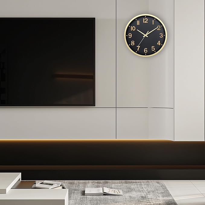 Wall Clocks Battery Operated 10 inch Modern Wall Clock,Silent Non Ticking Wall Clock for Living Room Bedroom Kitchen Office Classroom Decor (Black Gold)