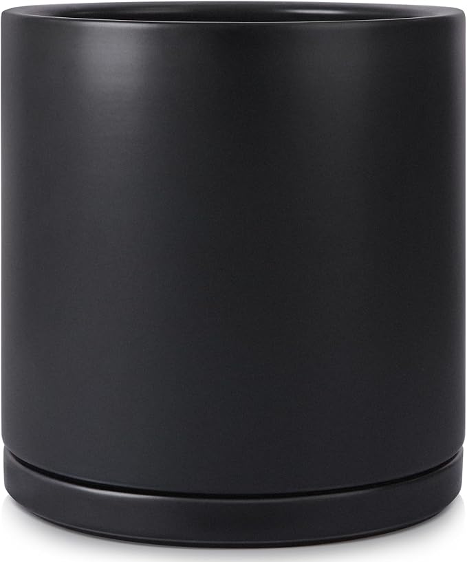 Kazeila 12 Inches Ceramic Planter Pot - Saucer and Drainage Hole - Full Glazed - Matte Black