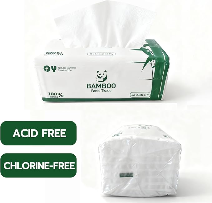 Soft Durable Bamboo Facial Tissues - 3 Ply bleached Facial Paper Dry or Wet Use 12 Packs(150 Tissue per Pack, 1800 Tissues Total）