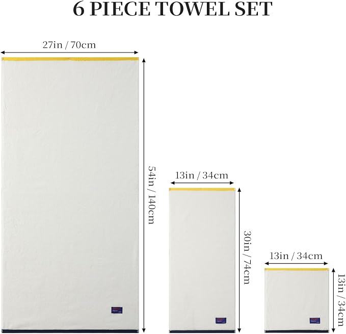 REDKISS 6 Piece Bath Towel Set, 100% Cotton, Soft Absorbent 600 GSM | Includes 2 Bath Towels, 2 Hand Towels & 2 Washcloths | Quick Dry | Contrast Border Design | Bathroom | Guest Bath & Apartment