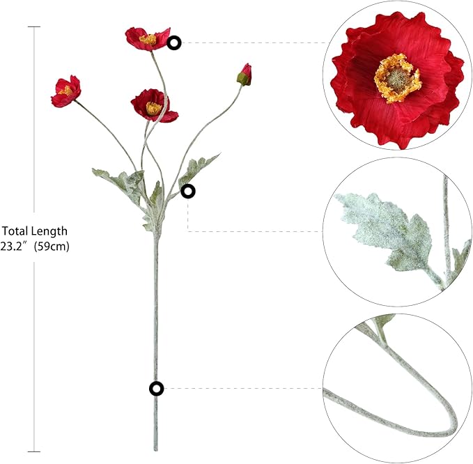 6PCS Red Poppy Flowers Artificial Silk Poppies Faux Bouquet for Christmas Fake Floral Home Decor Living Room Kitchen Party Xmas Red Table Centerpieces