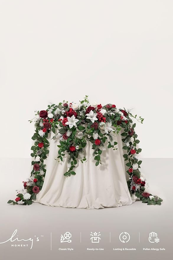 Ling's moment Christmas 9FT Eucalyptus and Willow Leaf Garland with White Flower, Handcrafted Wedding Sweetheart Table Centerpieces Head Table Decor Arch Backdrop Decorations for Wedding | Red & White