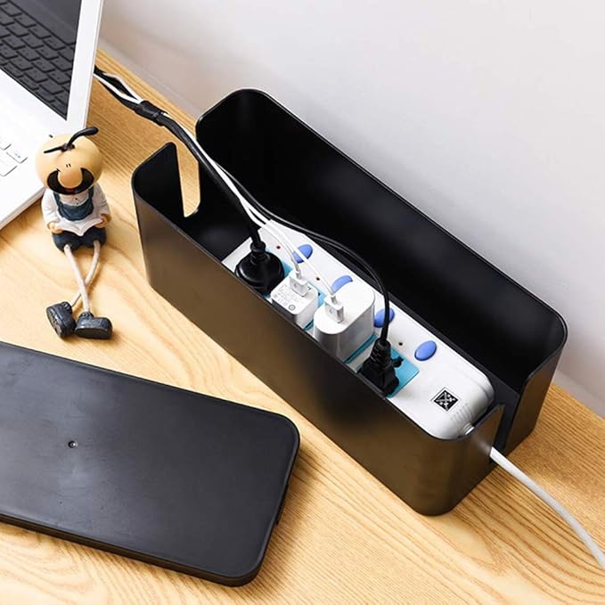 Cable Management Box Organizer, Pack of 2 Wire Concealer to Cover Hide Surge Protector & Power Strip on Desk Floor, with 5 Cord Fastening Tapes for Office, Home, Kitchen (Luxury Black)