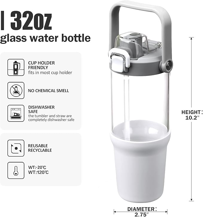 Glass Tumbler with Carry Handle, Clear Glass Water Bottle with Leakproof Lid, Spout Lid&Straw, BPA-Free, 32 oz, White