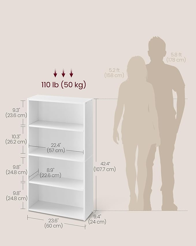 VASAGLE CUSTOS Collection - Bookshelf, 4-Tier Bookcase, Book Shelf, Open Storage Shelf, 9.4 x 23.6 x 42.4 Inches, for Living Room, Home Office, Dinning Room, Cloud White ULBC164T14 | Bookcase, Book Shelf, Open Storage Shelf, for Living Room, Home Offic...