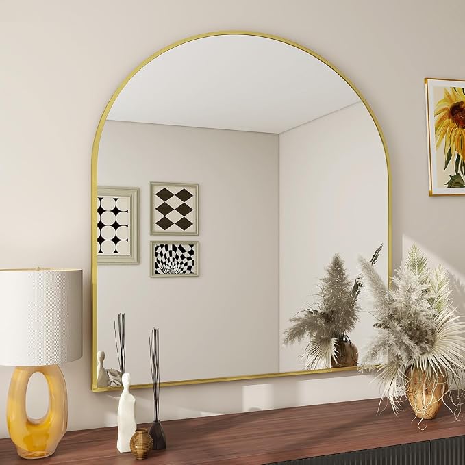 BEAUTYPEAK 32"x34" Arch Bathroom Mirror, Wall Mounted Vanity Metal Frame Mirror for Bedroom, Entryway, Living Room, Gold