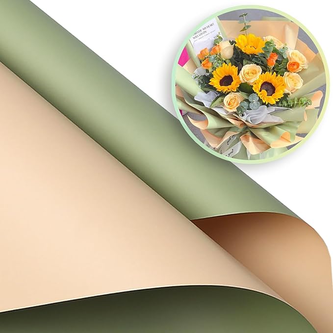 ZOOYOO Flower Wrapping Paper, Double-sided Florist Bouquet Wrapping Paper Floral Packaging for Wedding Birthday Engagement Graduation Presents DIY(Champagne and Green,20 Sheets)