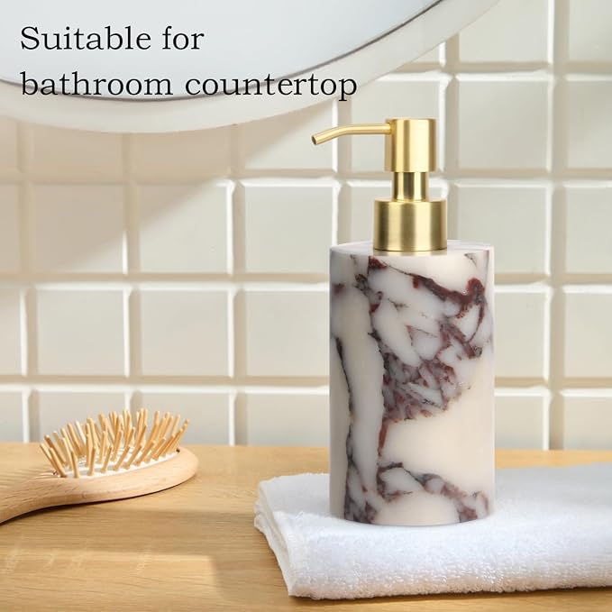 Natural Marble Soap Dispenser for Bathroom and Kitchen Countertop - 5.41 Ounces Hand Lotion and Liquid Stone Shampoo Laundry Bottle with Pump (1, Calacatta Viola, Cylindrical Bottle)