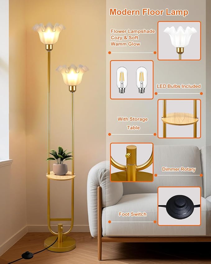 Flower Floor Lamps with Table, 2-Lights Dimmable Floral Floor Lamp, 3000K Warmwhite Modern Floor Lamp, Vintage Gold Standing Lamp with 5Lbs Heavy Base for Living Room Bedroom Girls Room