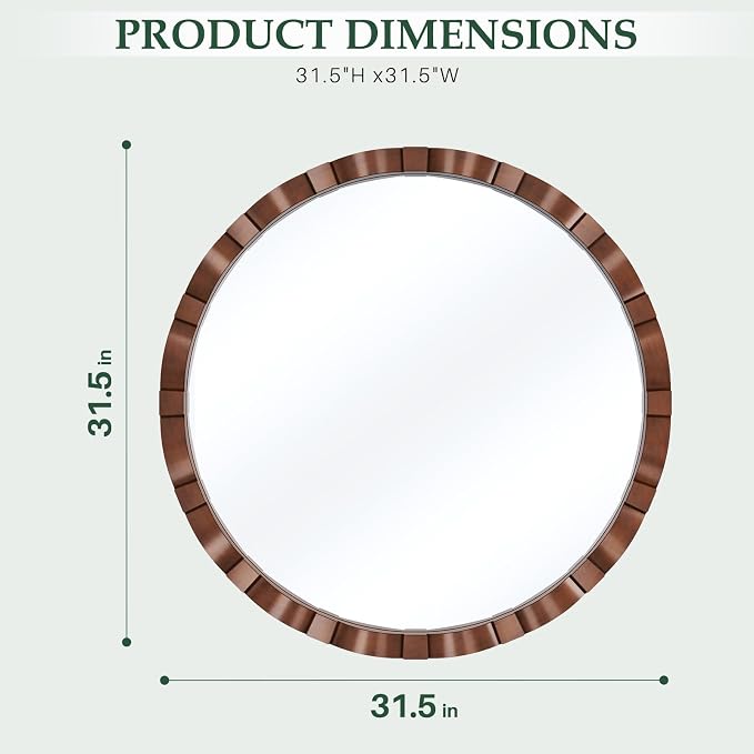 Round Wood Wall Mirror - 31.5" Farmhouse Rustic Wall Decorative Mirrors, Wooden Circle Boho Accent Mirror for Living Room, Bedroom, Bathroom, Entryway, Hallway, Fireplace (Walnut)