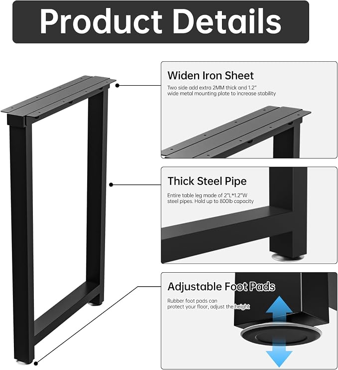 TOCRETOARE Metal Table Legs Heavy Duty, 28”H x 18”W, Metal Furniture Legs for Dining Desk Bench and Coffee Table, Industrial Black DIY Iron Bench Legs, Set of 2
