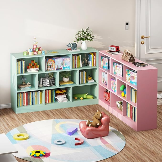 IOTXY Open Shelf Low Bookcase - Wooden 3-Tier Floor Standing Display Cabinet Organizer with Base, 10 Cubes Short Horizontal Bookshelf in Tiffany-Green