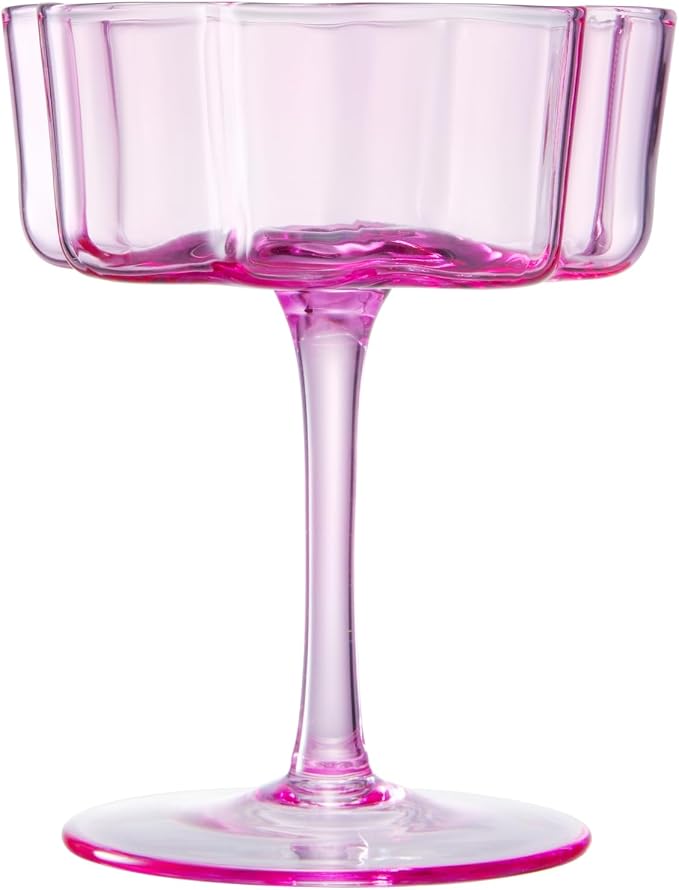Flower Scalloped Vintage Wavy Petals Wave Glass Coupes 7oz Colorful Martini, Champagne & Cocktails, 2 Pink & Blush Set Amber Rippled Champagne Glasses, Elegant Bar Glassware, Aesthetic Coupe Glassware