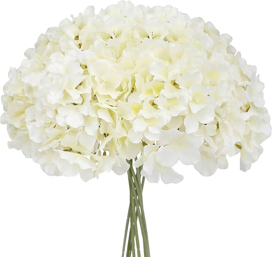 Fake White Hydrangea Artificial Flowers - Faux Silk Hydrangeas Flowers Heads with Stems Real Touch for Home Wedding Party Table Decor(CreamWhite,Pack of 10)
