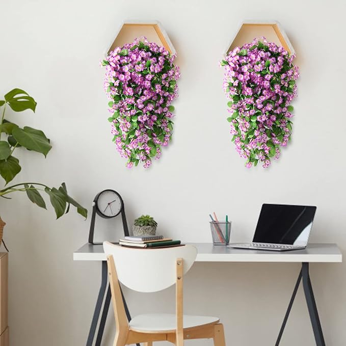 Artificial Fake Hanging Flowers Plants for Outdoor Spring Decoration, 2PCS Faux Silk Violet UV Resistant Look Real Trailing Vines for Outside Home Planter Porch Patio(Violet)