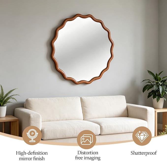 24" Wavy Edge Round Mirror, Solid Wood Framed Wall Decor with Clear Reflection for Bathroom, Bedroom, Living Room & Entryway (Yellowish-Brown)