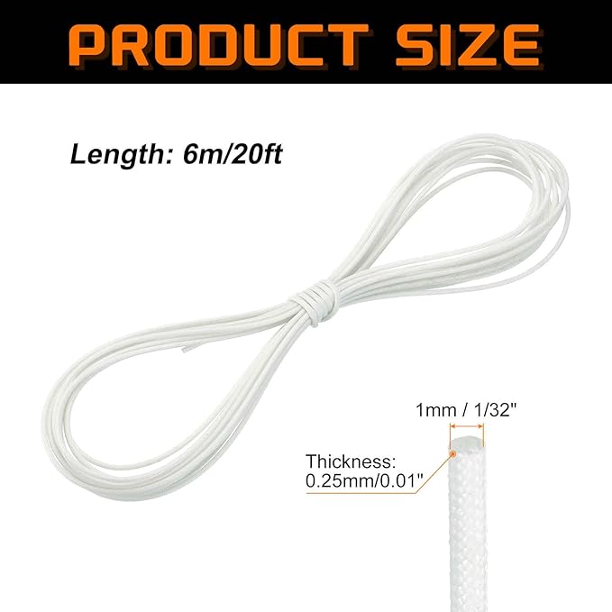 MECCANIXITY 20ft Braided Cable Sleeve, 1/32" ID 200C High Temperature 1500V Fiberglass Wire Insulation Cord Protector Organizer Wires Management for Motor Engine Fuel Line, White